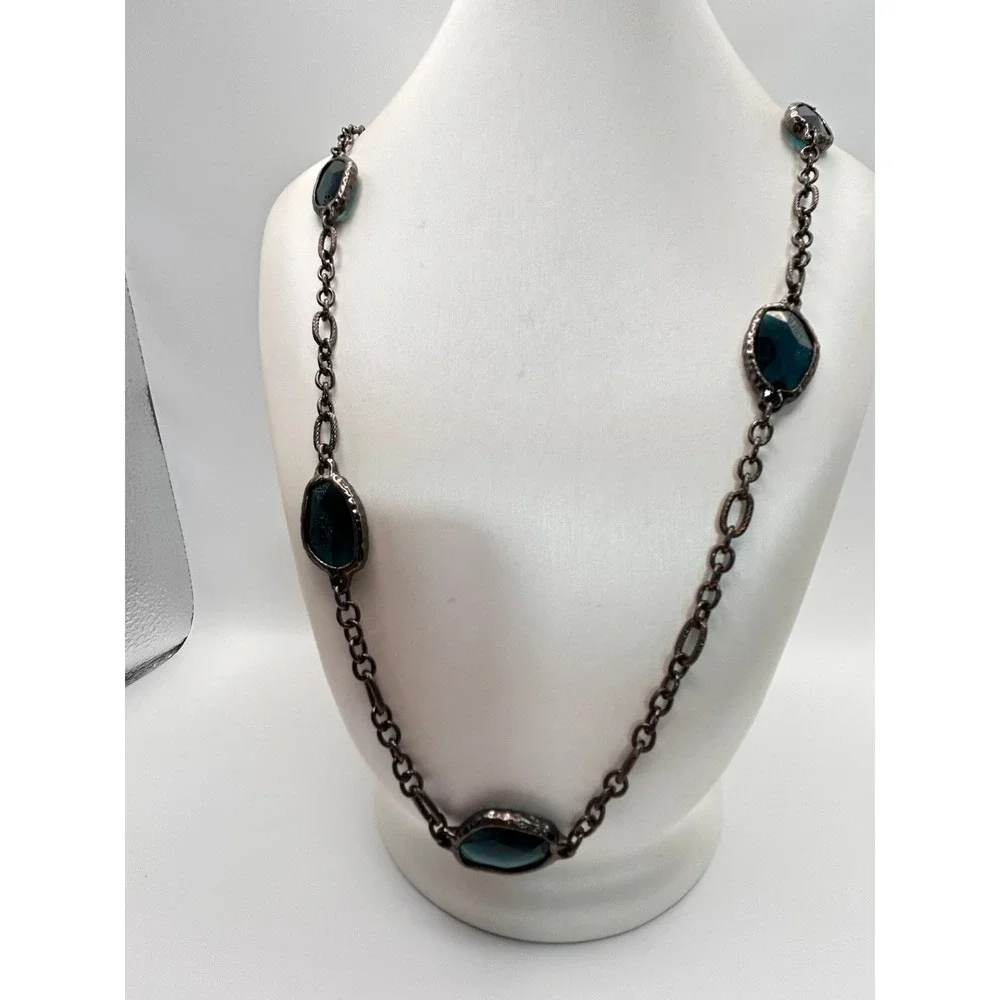 Chico's Long Station Necklace Women OS Teal Blue Gunmetal Good Faceted Resin